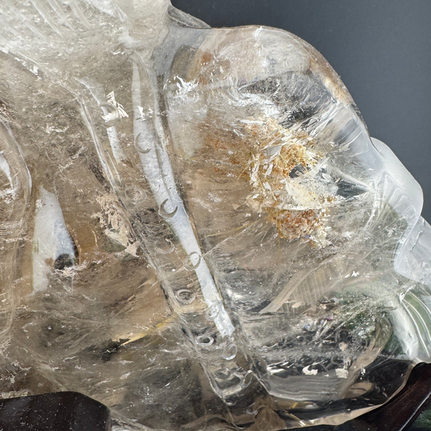 Gold Rutile in Quartz Goldfish Carving on Wood Stand