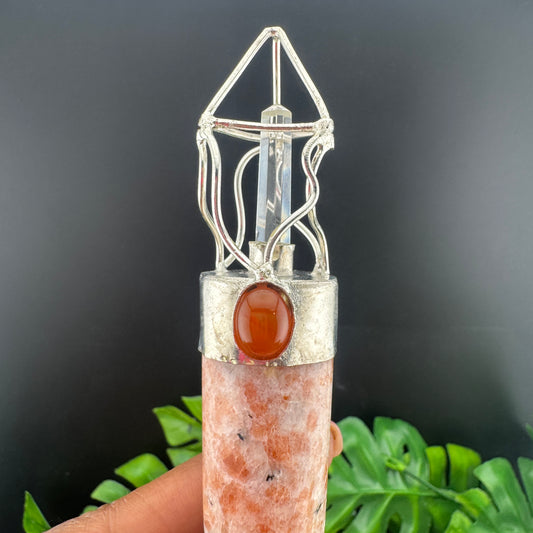 Lattice Sunstone, Carnelian & Clear Quartz Wand