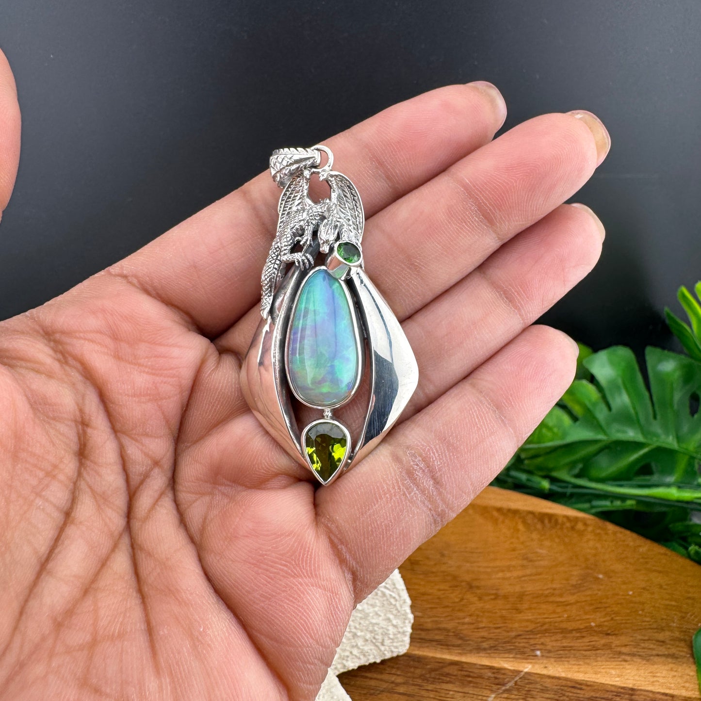 Gotland Chrome Diopside Peridot & Opal Dragon Sterling Silver Pendant