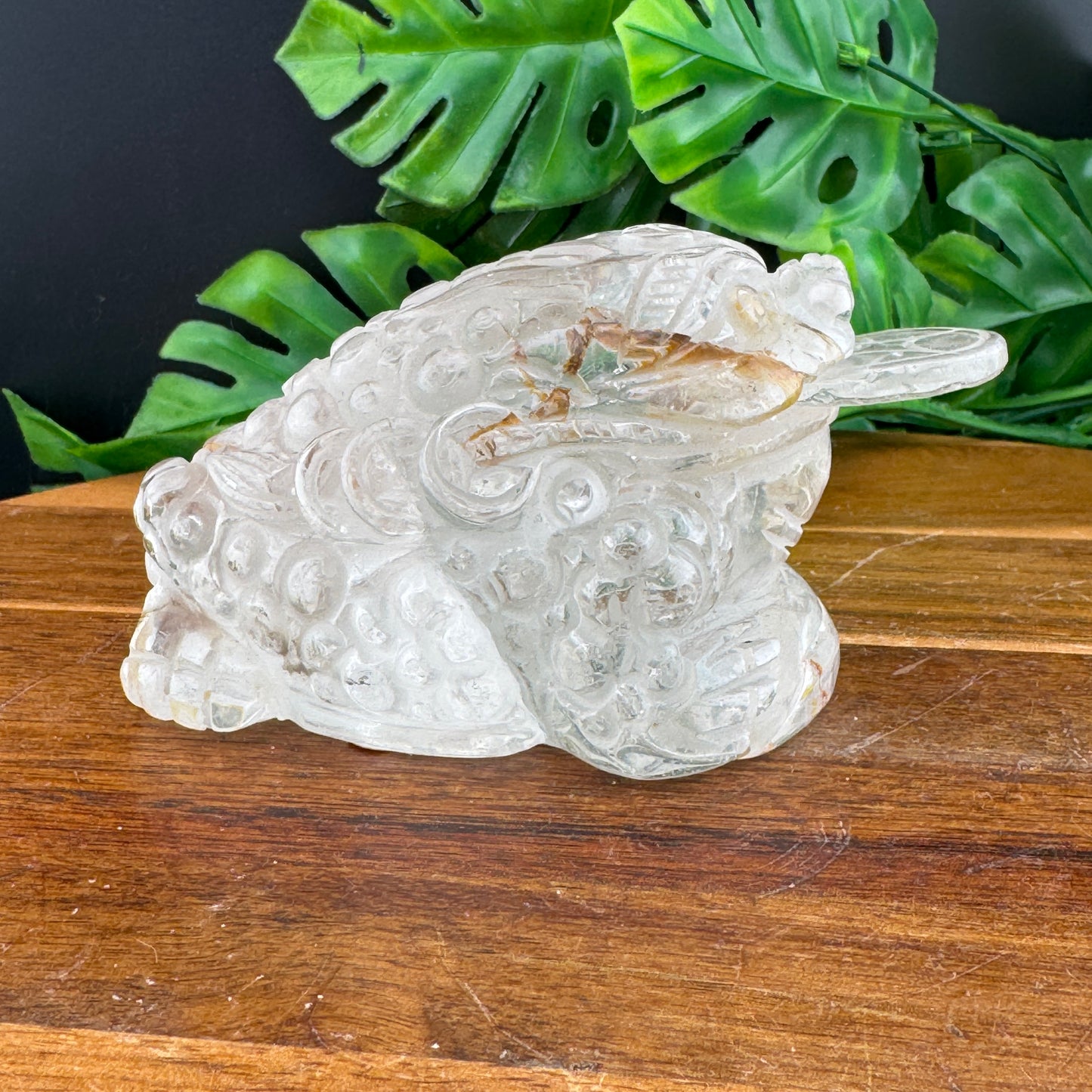 Clear Quartz Money Toad with Hematite