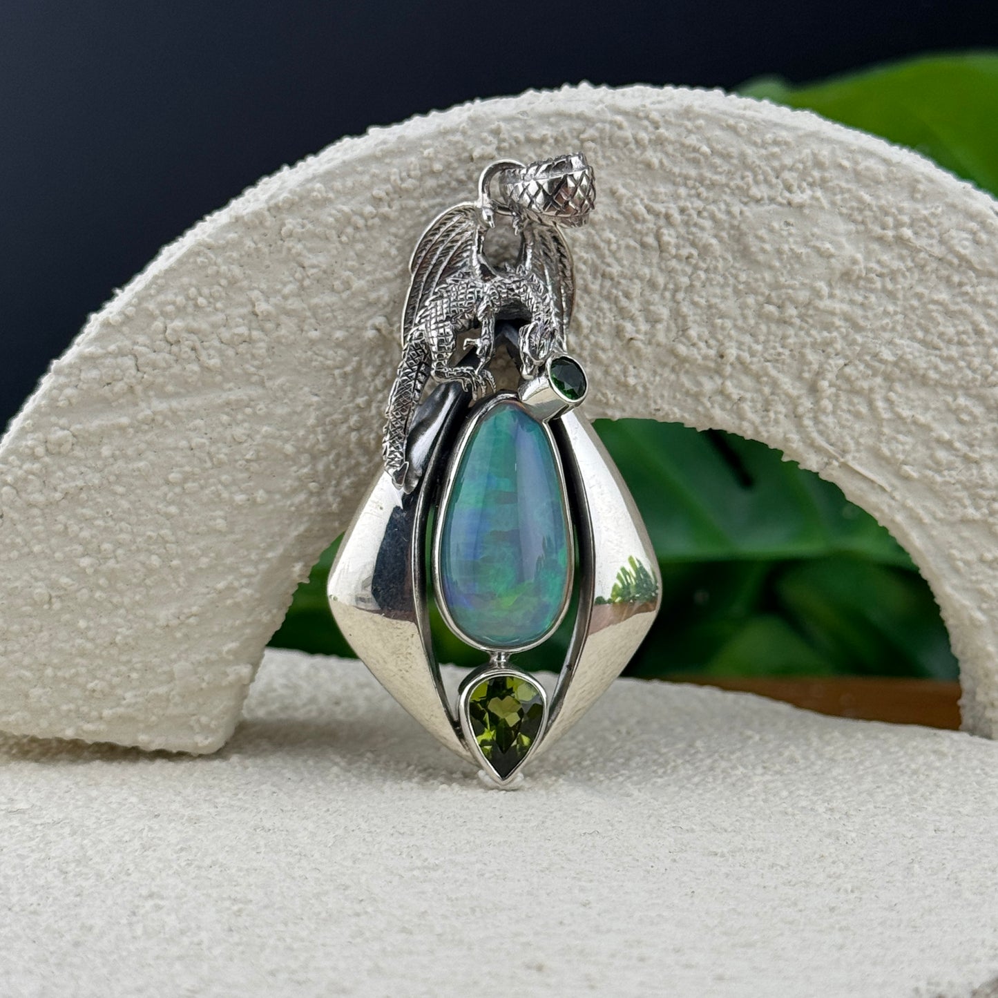 Gotland Chrome Diopside Peridot & Opal Dragon Sterling Silver Pendant