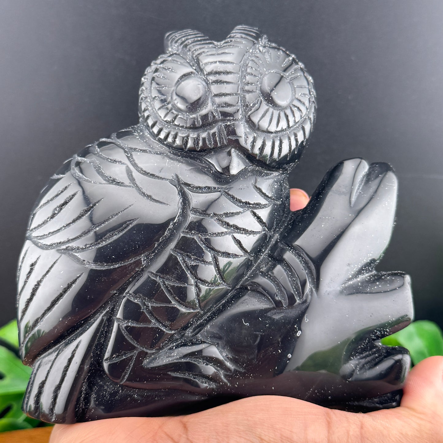 Black Obsidian Owl on Tree Carving