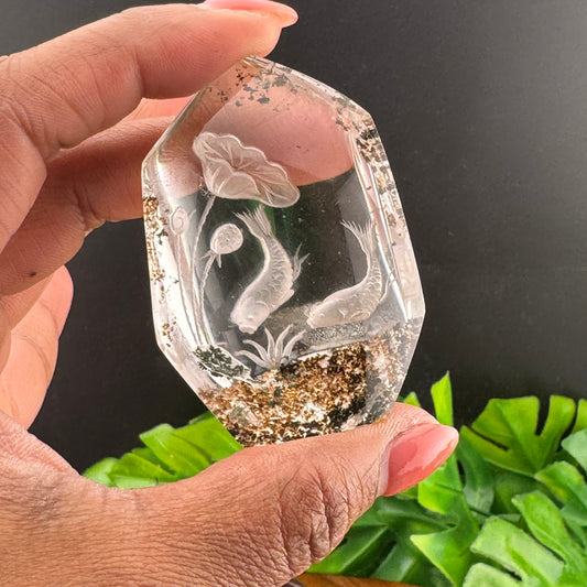 Garden Quartz Koi Fish Carving on Stand