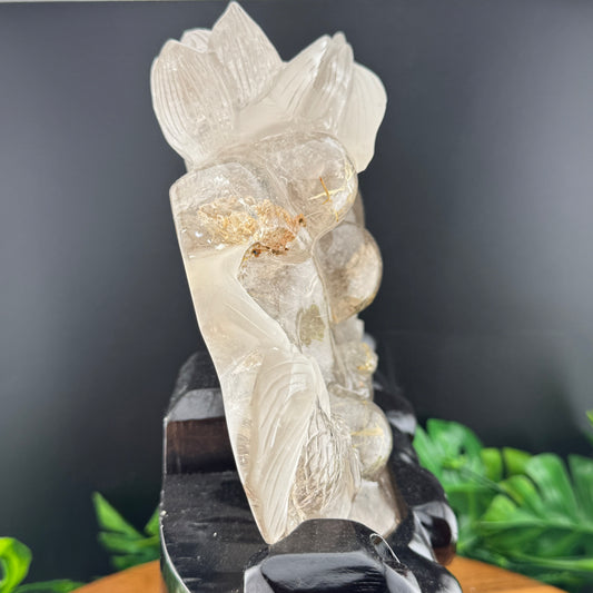 Gold Rutile in Quartz Goldfish Carving on Wood Stand