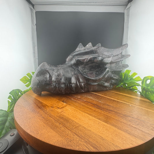 XL 12 inch Garnet in Arfvedsonite Dragon Carving