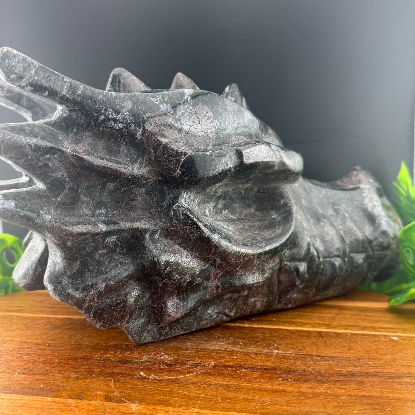 XL 12 inch Garnet in Arfvedsonite Dragon Carving