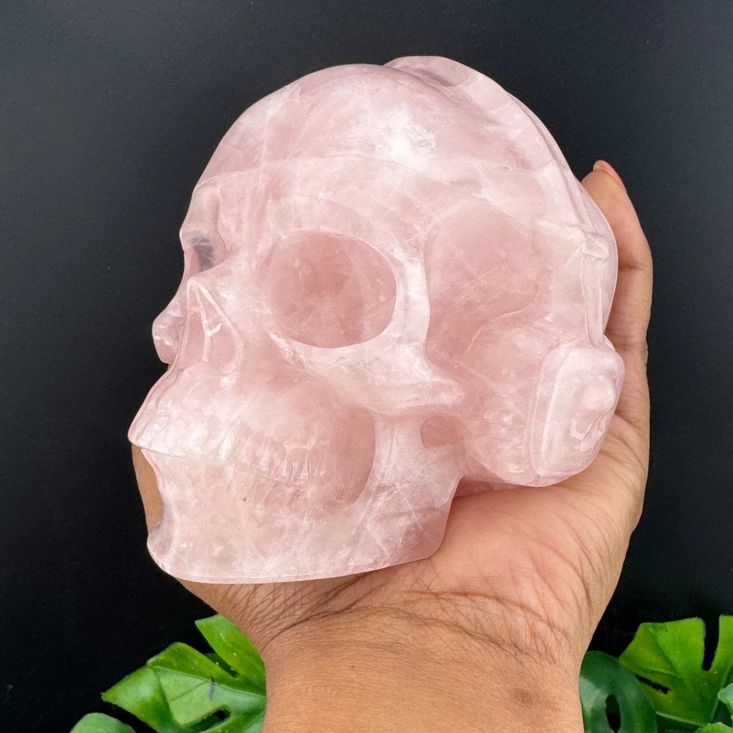 Rose Quartz Skull with Headphones