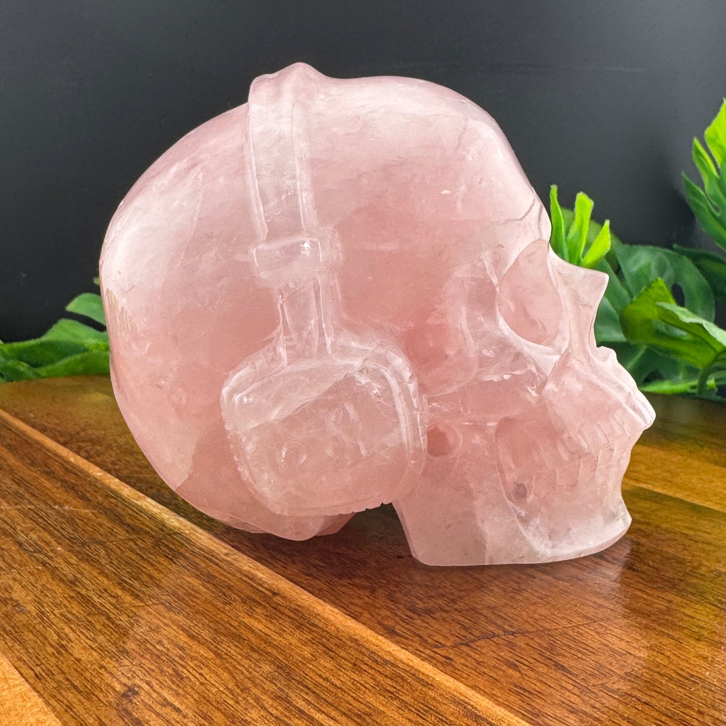 Rose Quartz Skull with Headphones