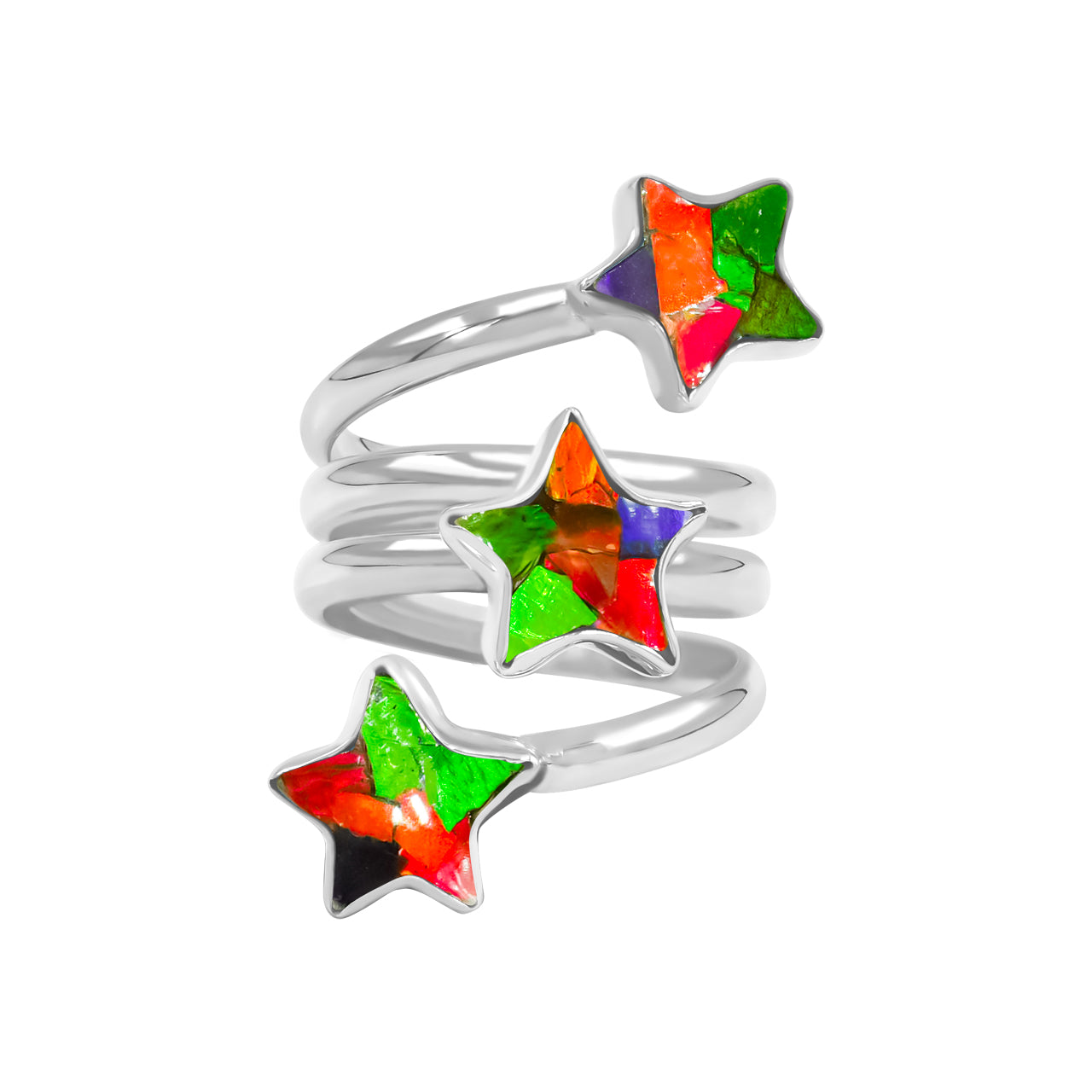 Starborn Ammolite 3-Star Spiral Ring in Sterling Silver