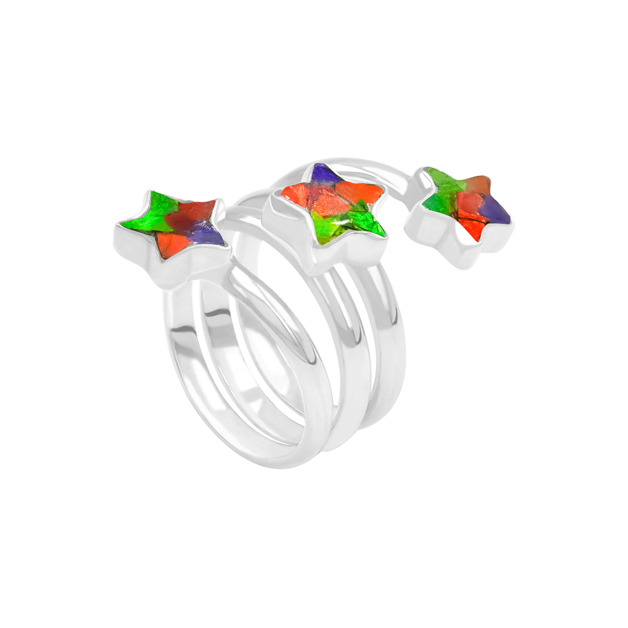 Starborn Ammolite 3-Star Spiral Ring in Sterling Silver