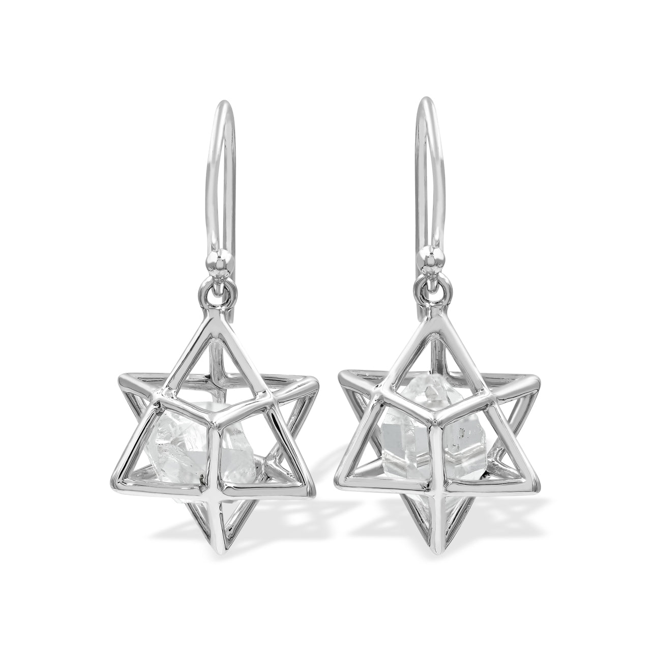Starborn Merkabah with Herkimer Diamond Crystal, Small Star Cage Earrings in Sterling Silver