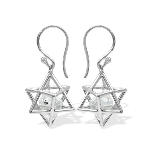 Starborn Merkabah with Herkimer Diamond Crystal, Small Star Cage Earrings in Sterling Silver