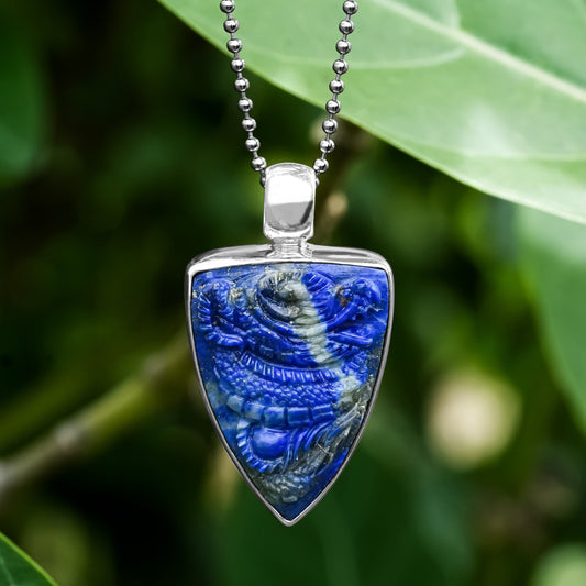 Starborn Handcarved Lapis Lazuli Dragon Shield Pendant in Sterling Silver