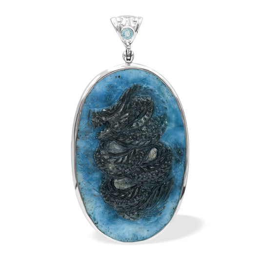Starborn Carved Blue Ice Glacierite Dragon Oval Pendant in Sterling Silver - Large