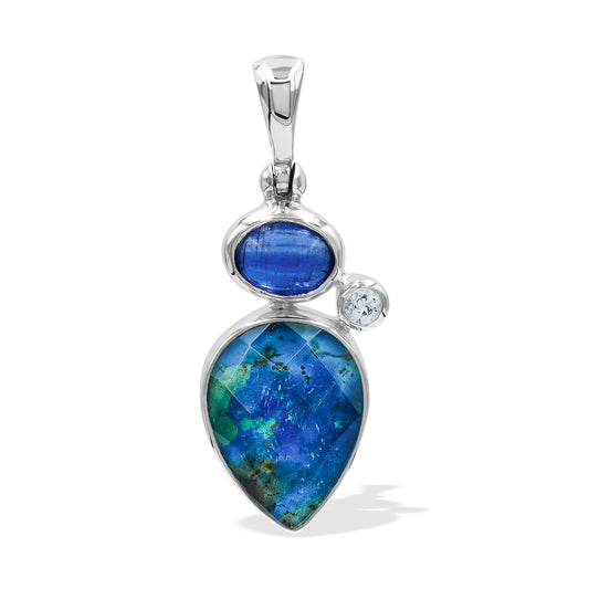 Starborn Kyanite, White Topaz, and Faceted Azurite Malachite Pendant in Sterling Silver