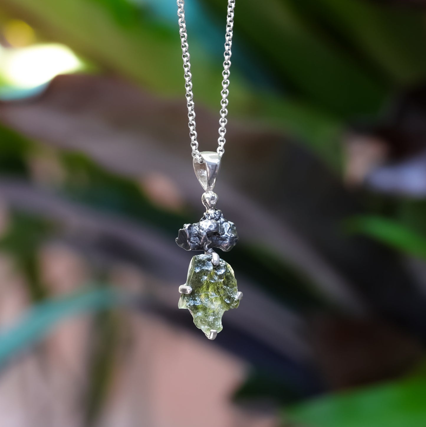 Starborn Moldavite & Campo del Cielo Meteorite Pendant in Sterling Silver