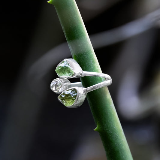 Starborn Moldavite and Herkimer Diamond Ring in Sterling Silver