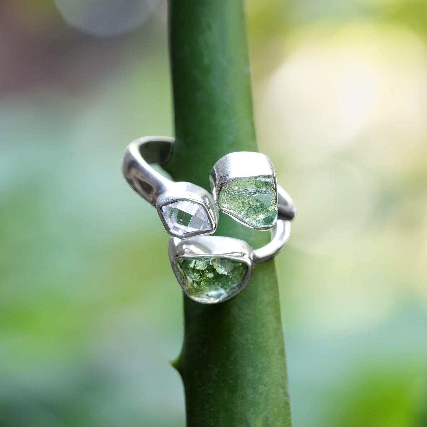 Starborn Moldavite and Herkimer Diamond Ring in Sterling Silver