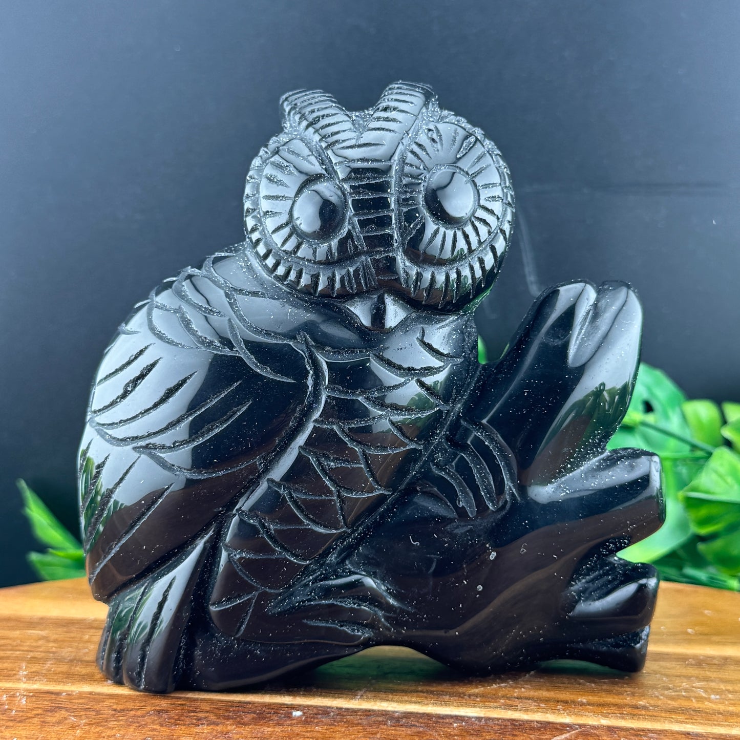 Black Obsidian Owl on Tree Carving