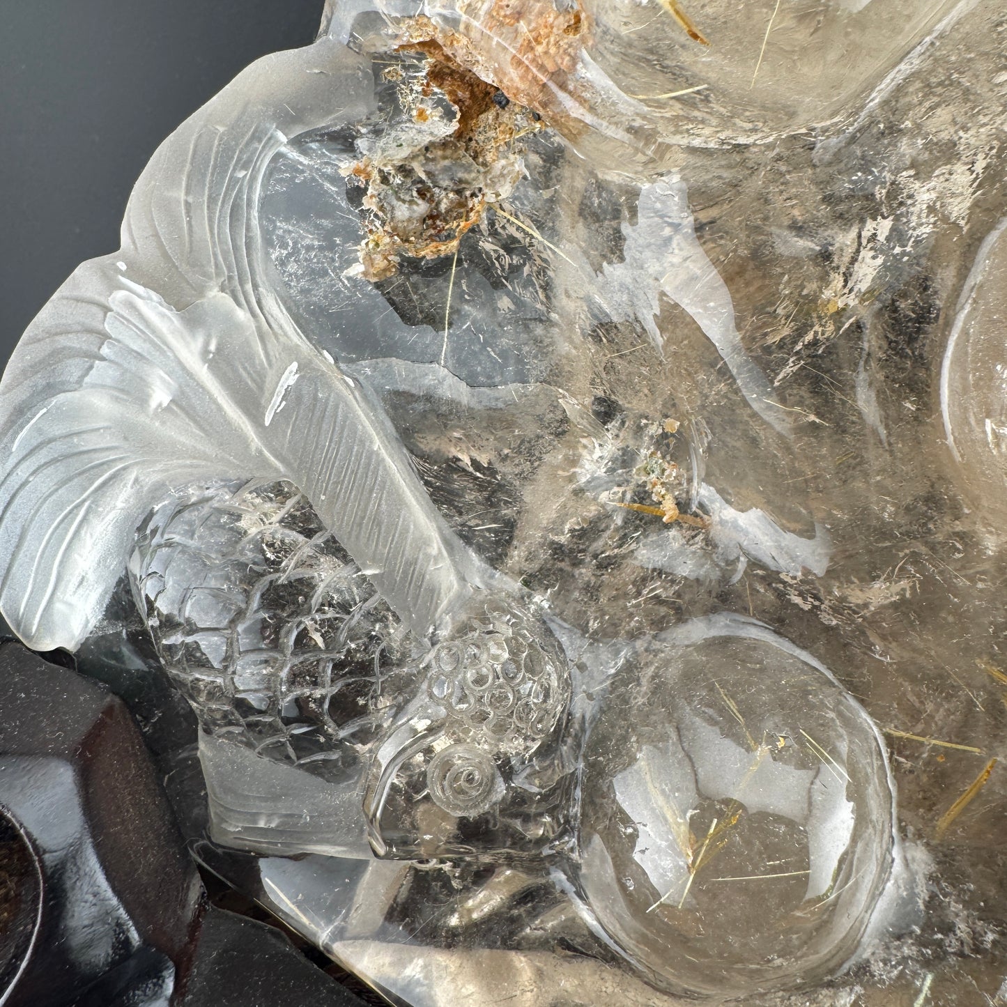 Gold Rutile in Quartz Goldfish Carving on Wood Stand
