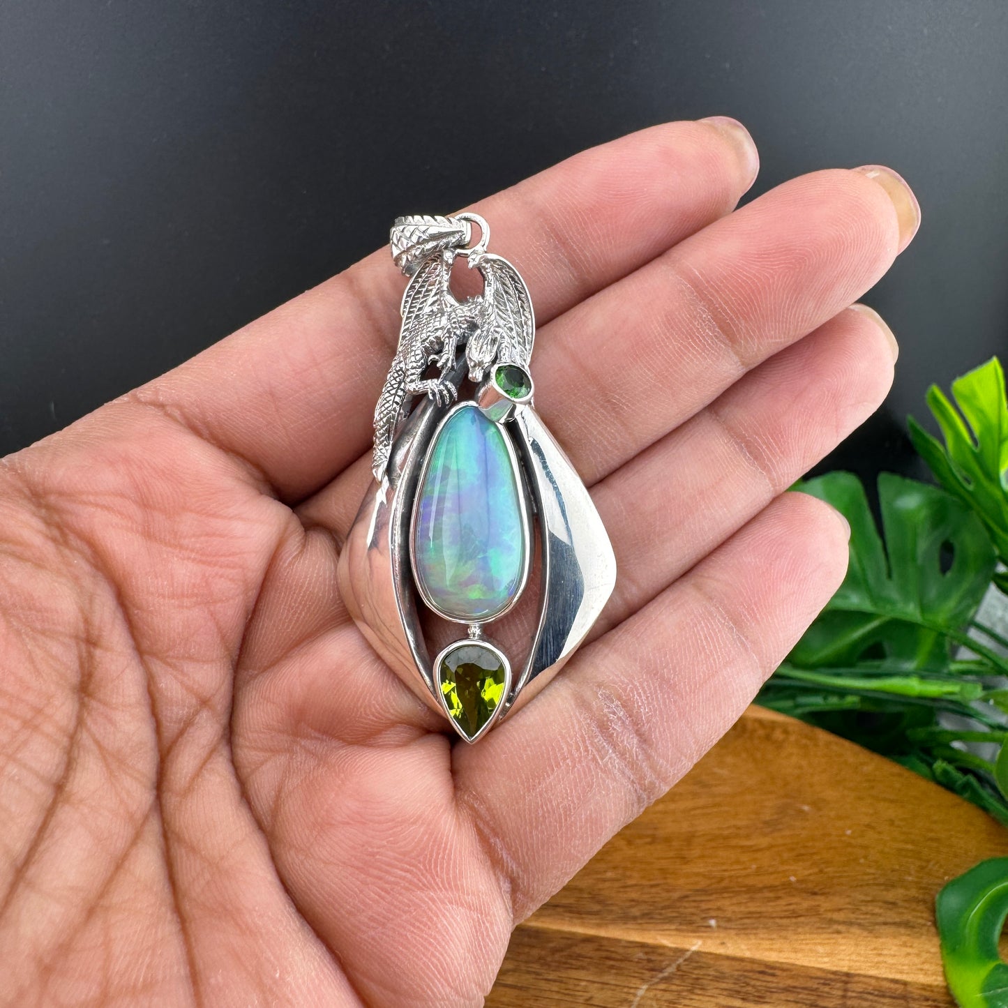 Gotland Chrome Diopside Peridot & Opal Dragon Sterling Silver Pendant