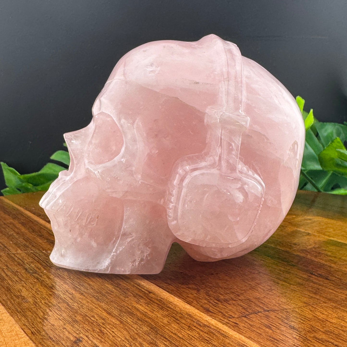 Rose Quartz Skull with Headphones