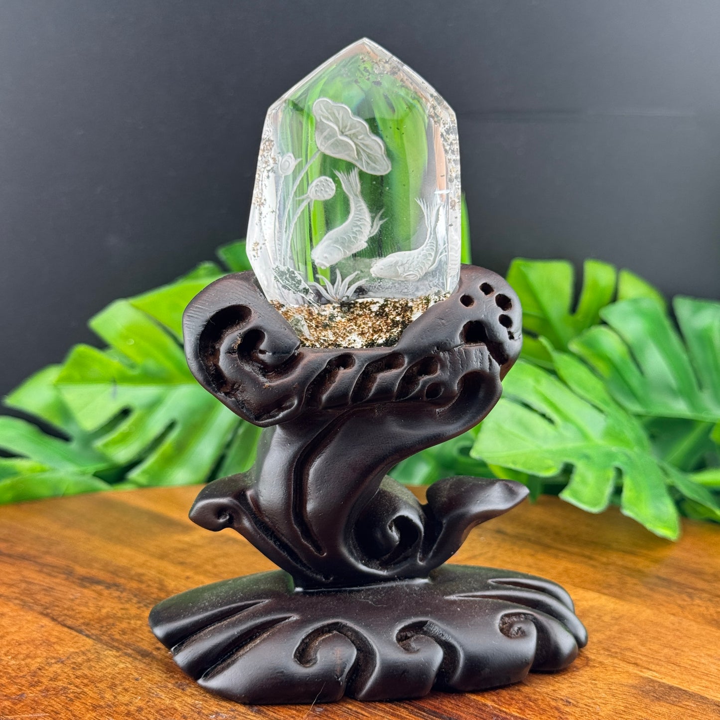 Garden Quartz Koi Fish Carving on Stand