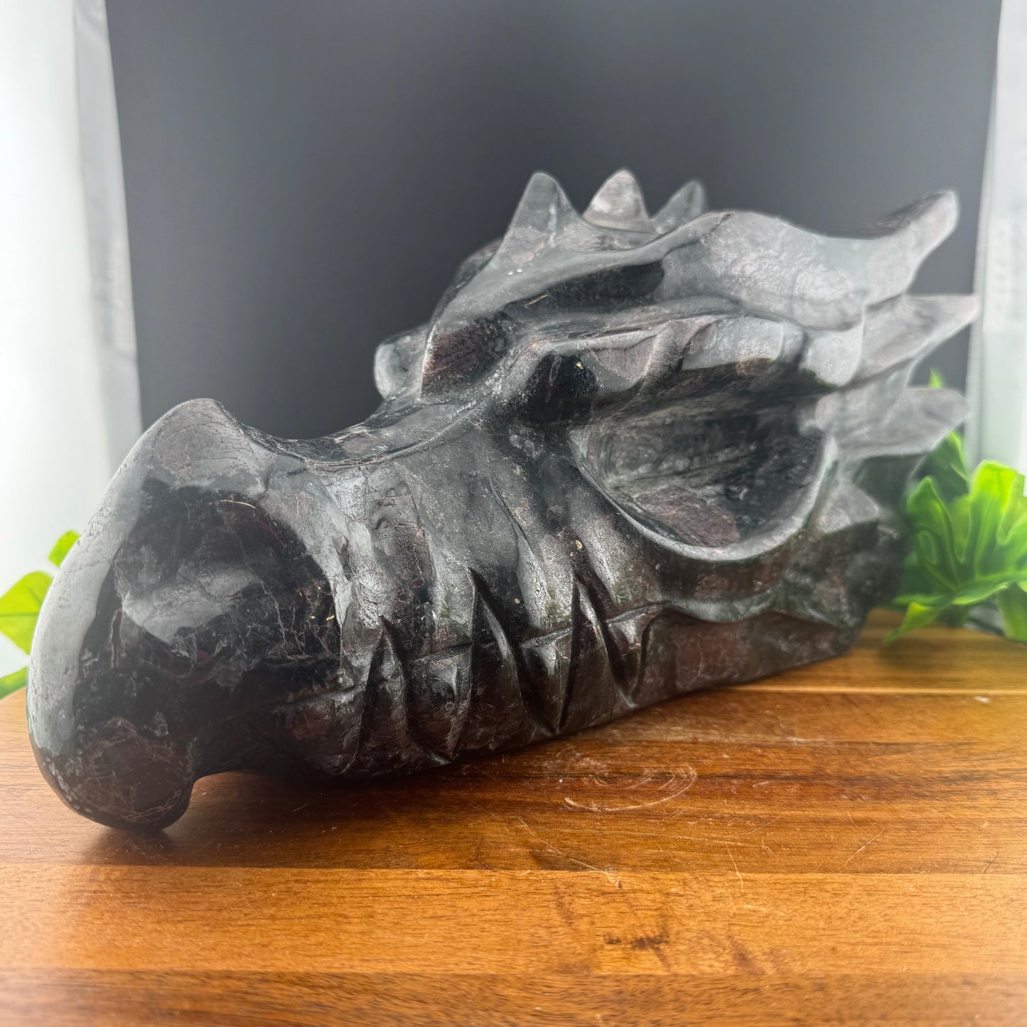 XL 12 inch Garnet in Arfvedsonite Dragon Carving