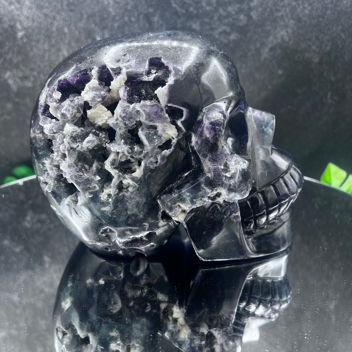 Large Pitted Calcite in Rainbow Fluorite Skull