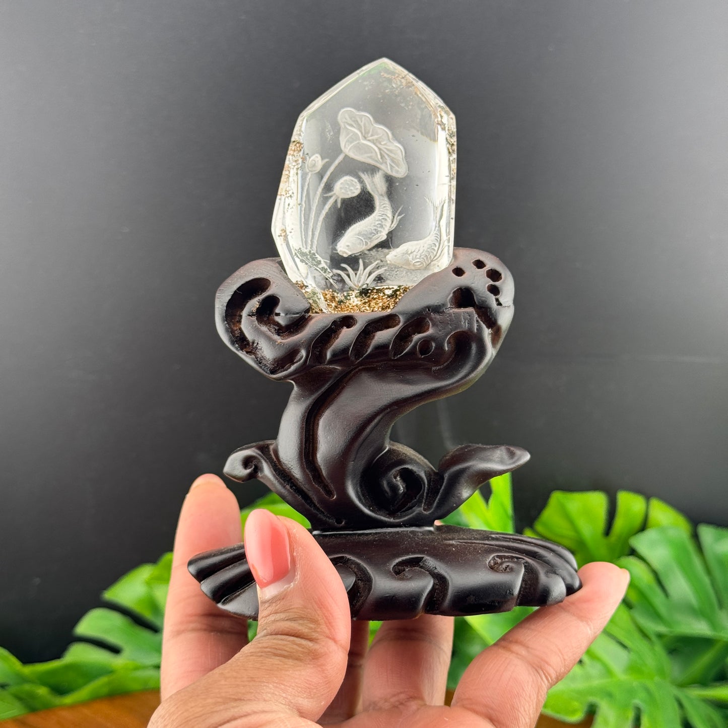 Garden Quartz Koi Fish Carving on Stand