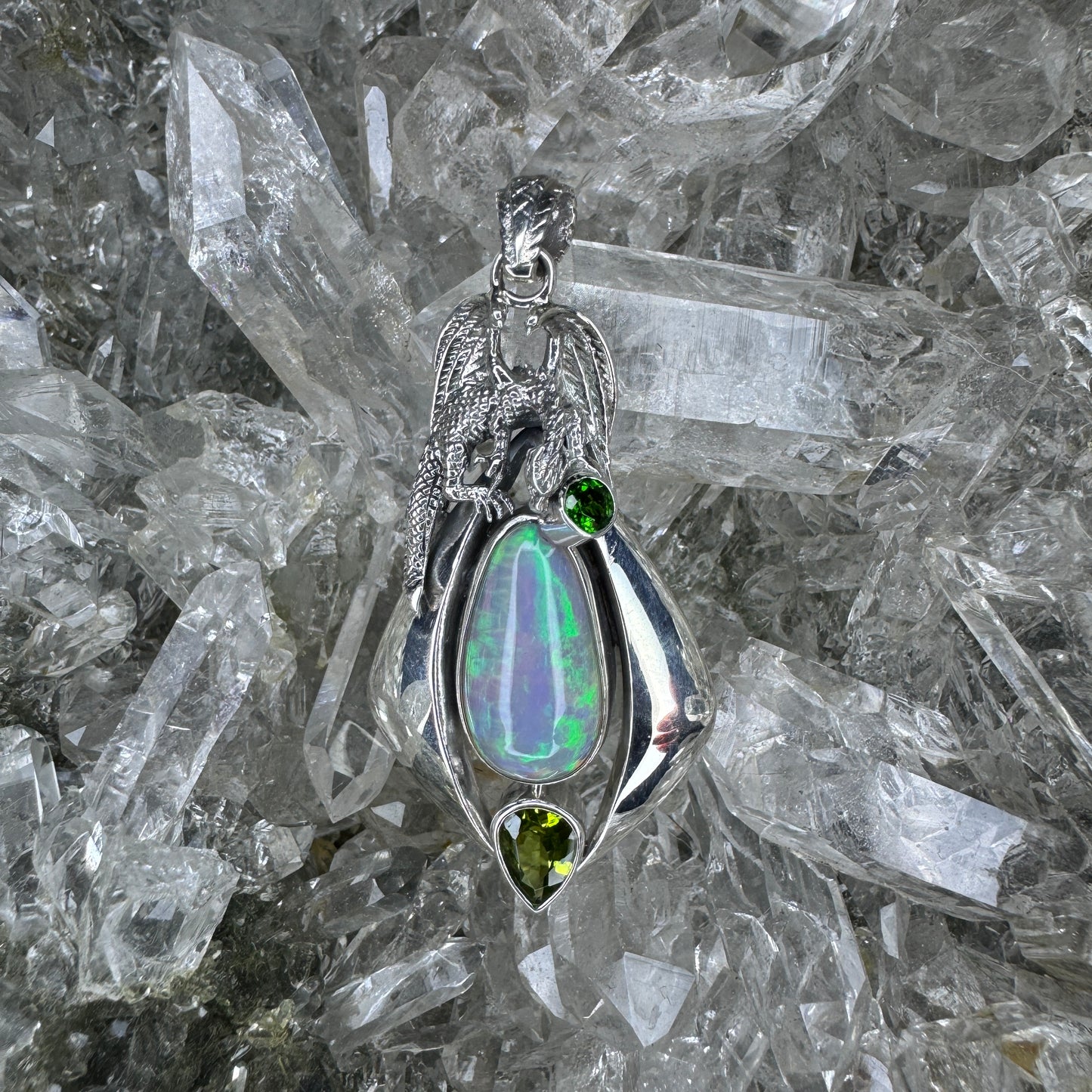 Gotland Chrome Diopside Peridot & Opal Dragon Sterling Silver Pendant