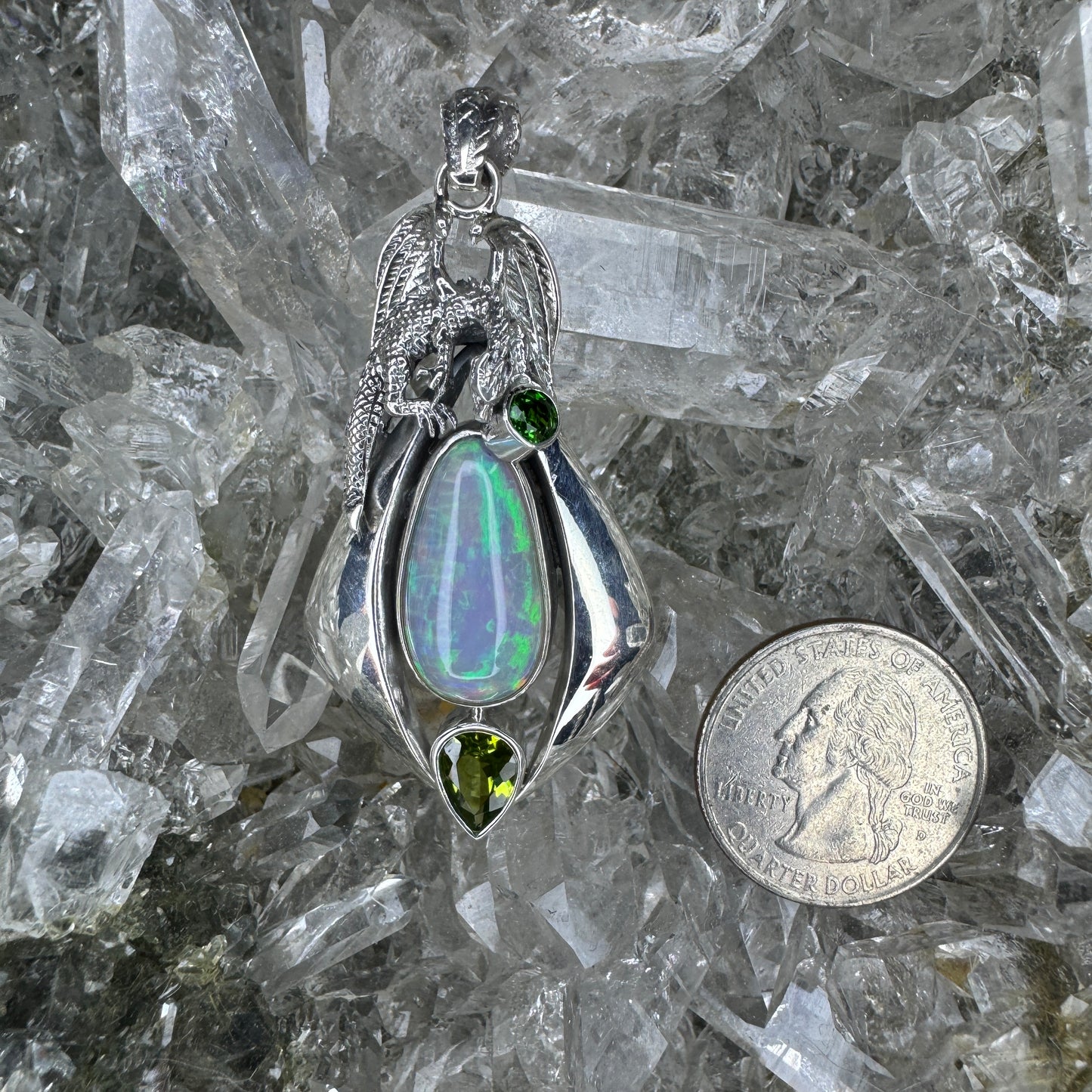 Gotland Chrome Diopside Peridot & Opal Dragon Sterling Silver Pendant