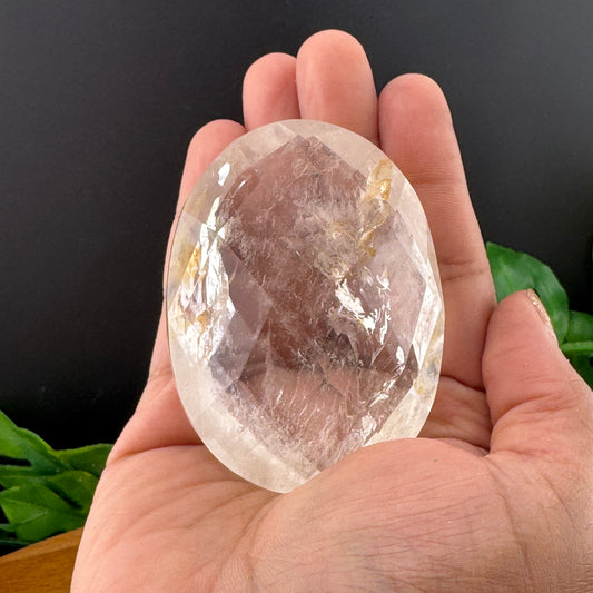 Hematite in Clear Quartz Faceted Palm Stone