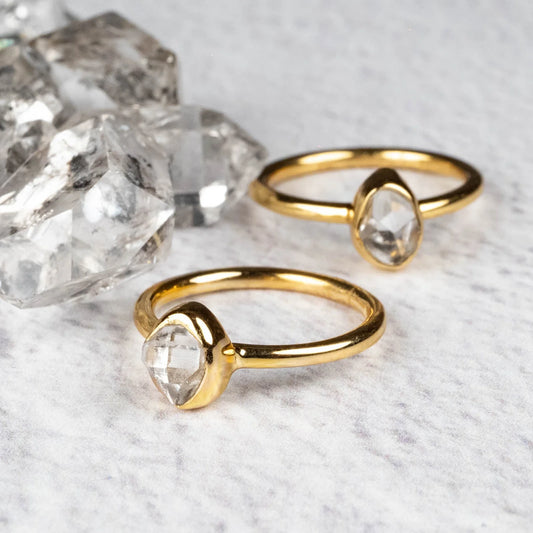 Herkimer Diamond Quartz Crystal Ring .925 Silver + 18k Gold Size 7