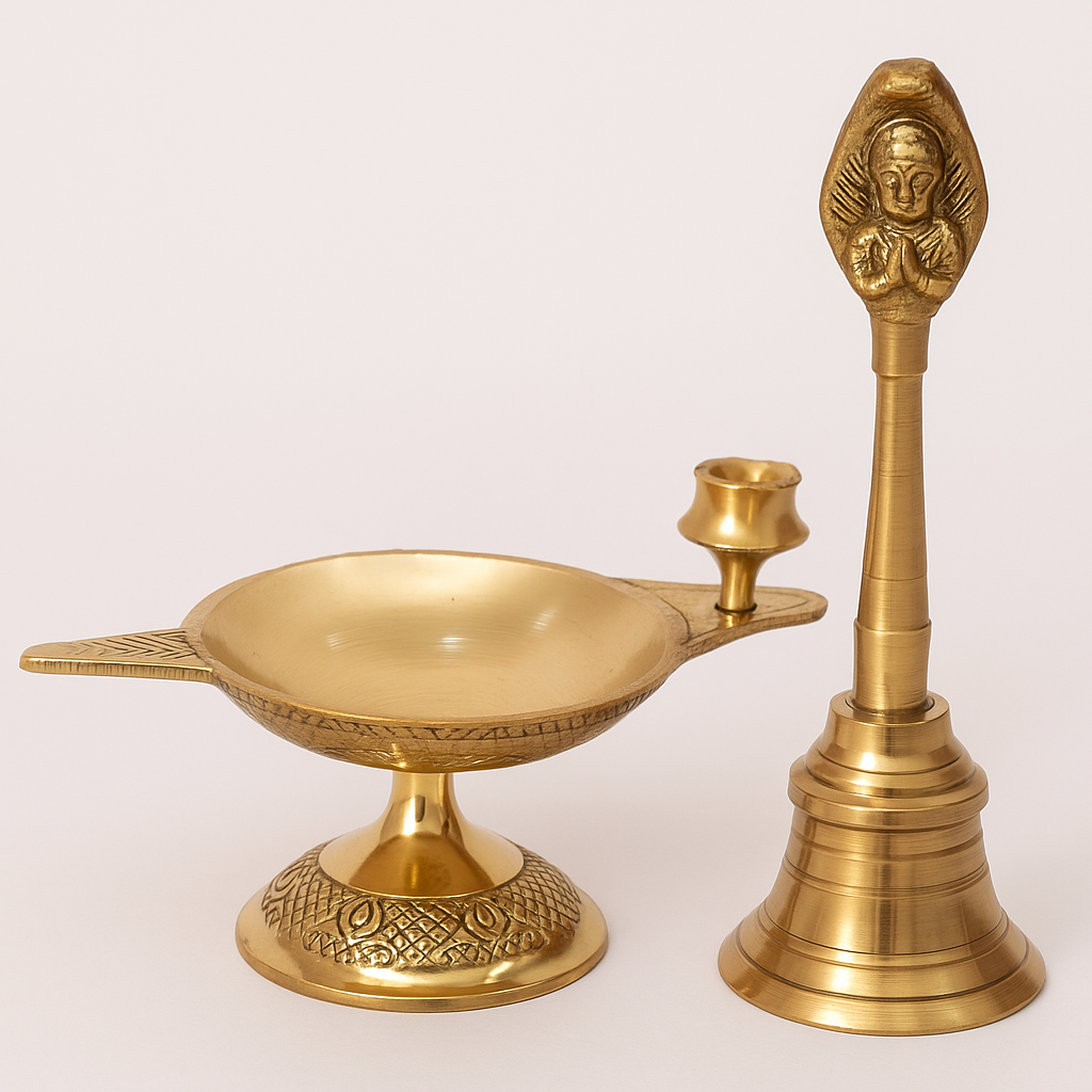 Brass Thali Oil Diya and Bell Set
