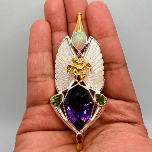 Gotland 12k Gold Pendant with Amethyst, Garnet, Opal, Peridot & Pink Tourmaline