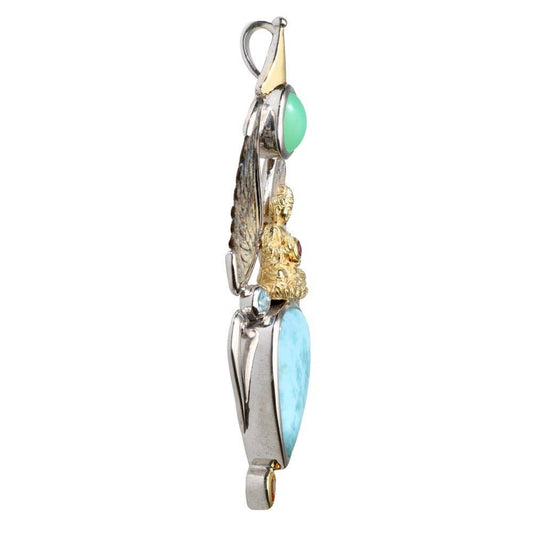 Gotland Mother of Pearl Wing Pendant with Diamond, Larimar & Aquamarine in 925 Sterling Silver and Gold