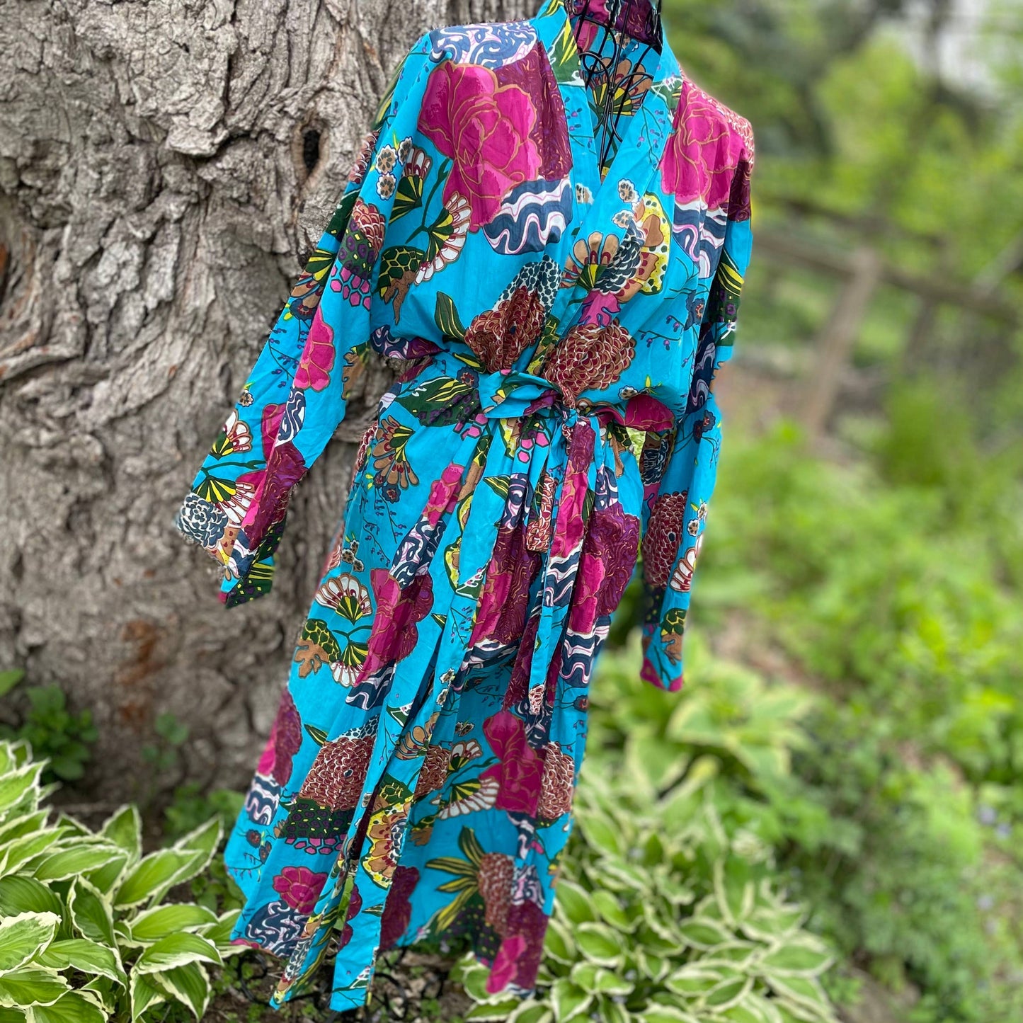 Cotton Floral Robe and Pajama Pants. Turquoise.