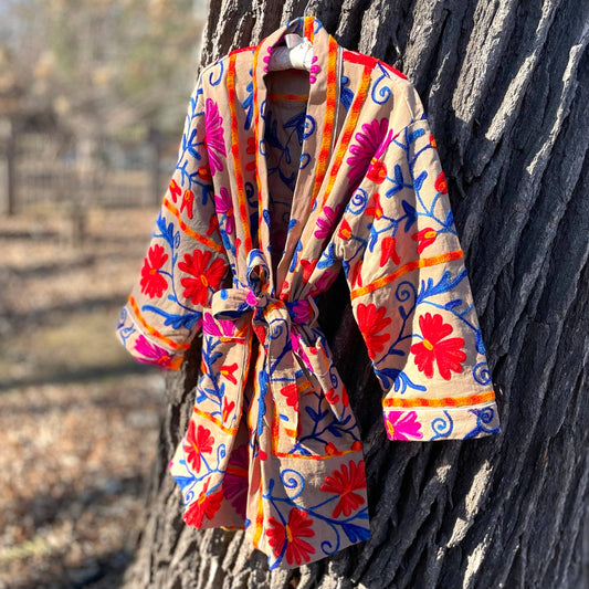 Suzani Hand Embroidered Jacket - Taupe.: One size