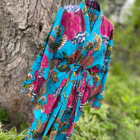 Cotton Floral Robe and Pajama Pants. Turquoise.