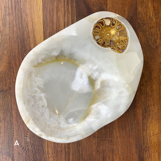 White Onyx with Ammonite Trinket Bowl - Crystal Gemstone Carving Home Decor