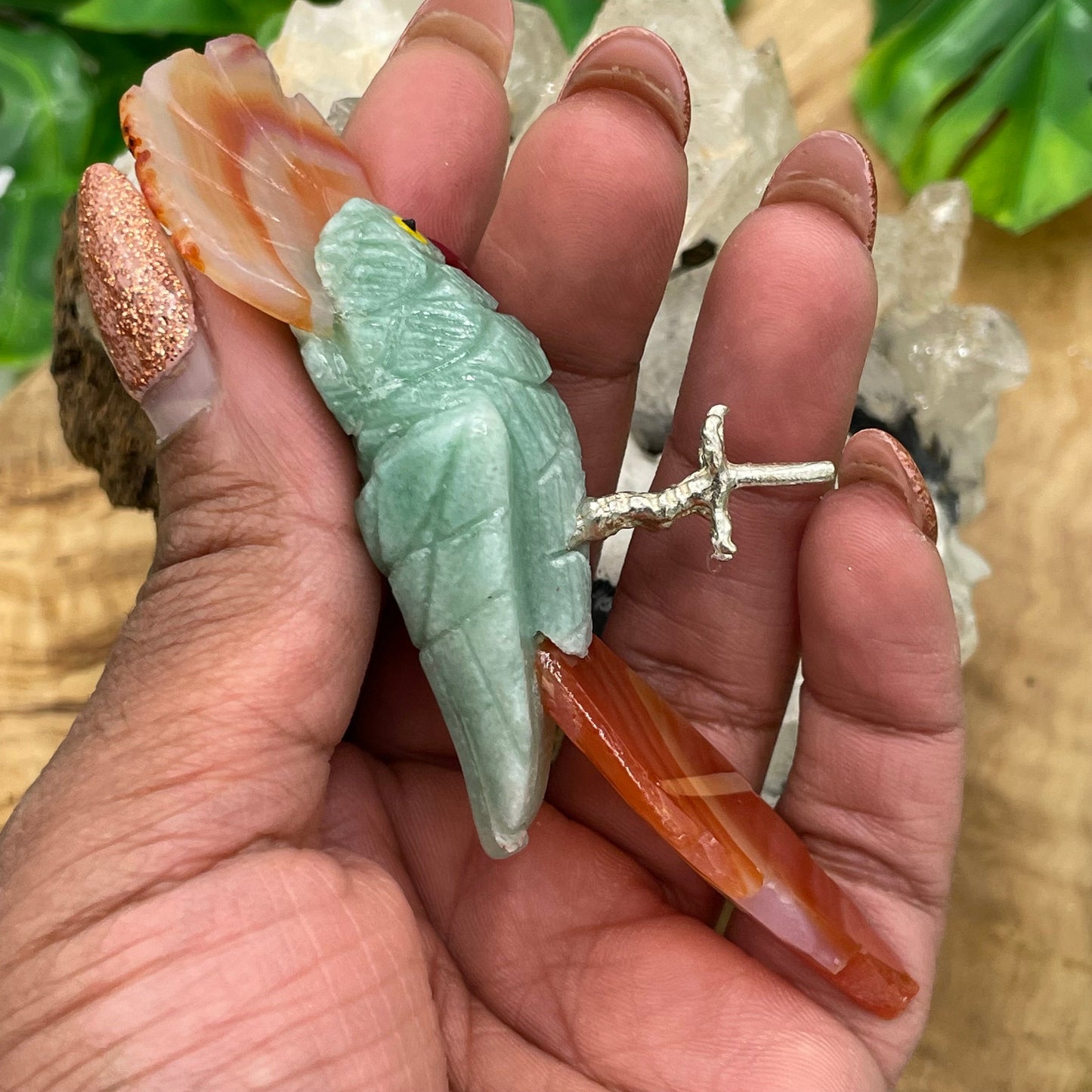 Small Green Calcite & Carnelian Agate Cockatoo