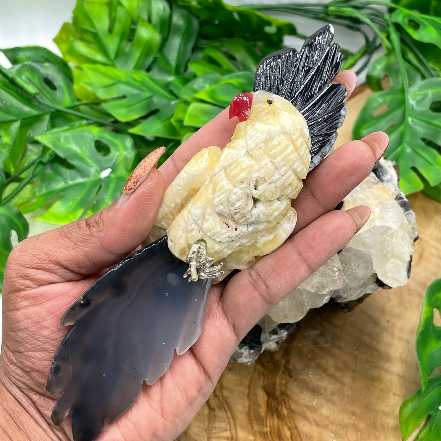 Yellow Calcite & Black Agate Crystal Parrot Carving