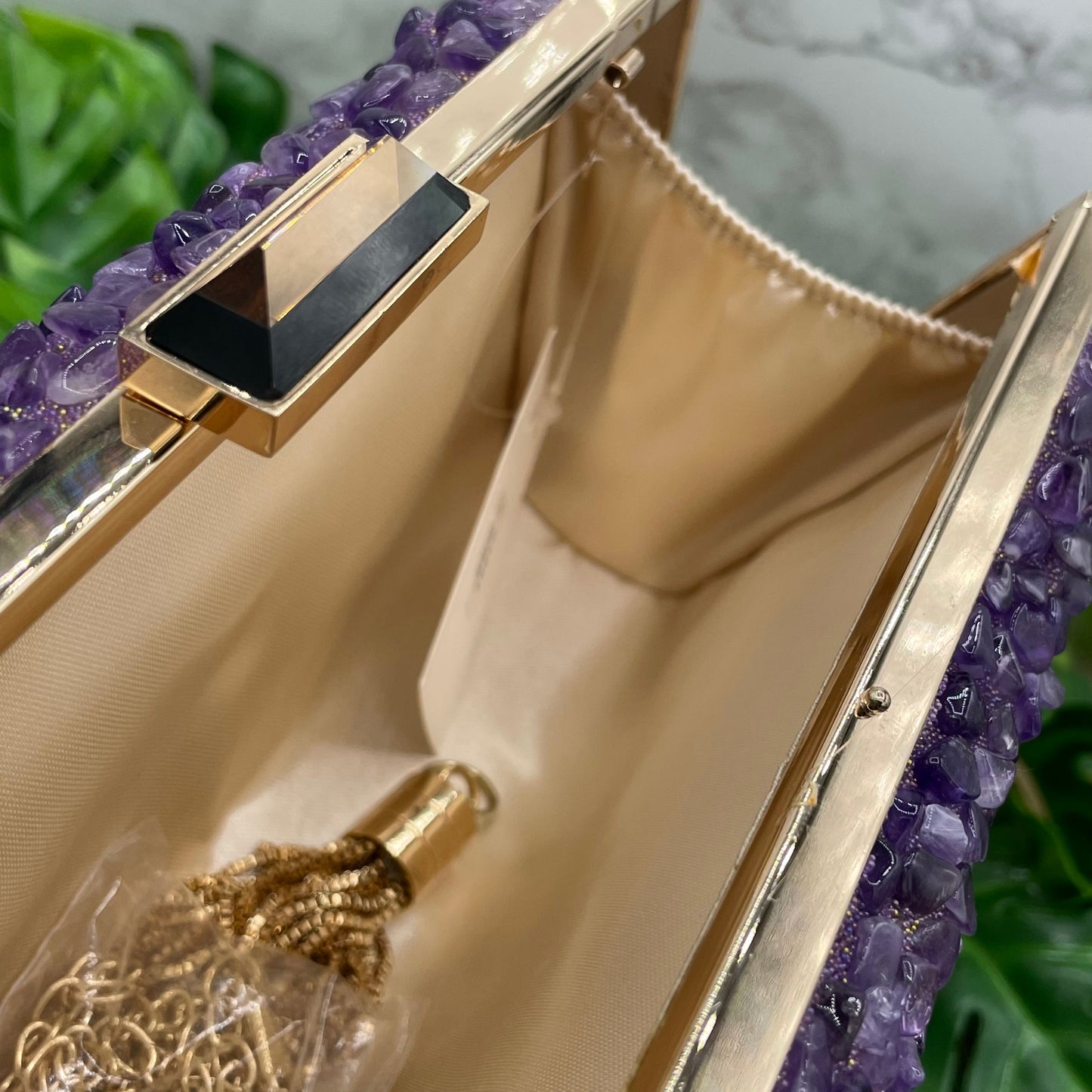 Amethyst Gold Plated Clutch with Gold Strap