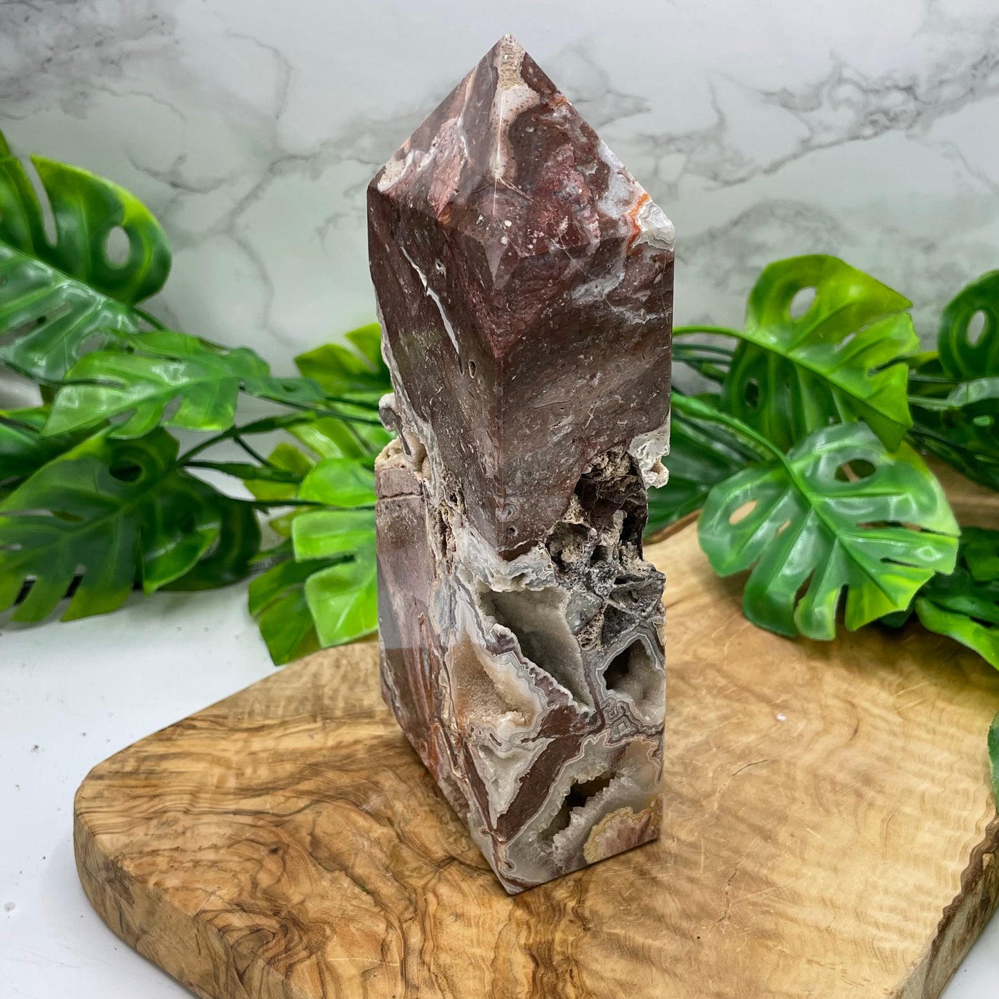 Mexican Crazy Lace Agate with Druzy Quartz Tower