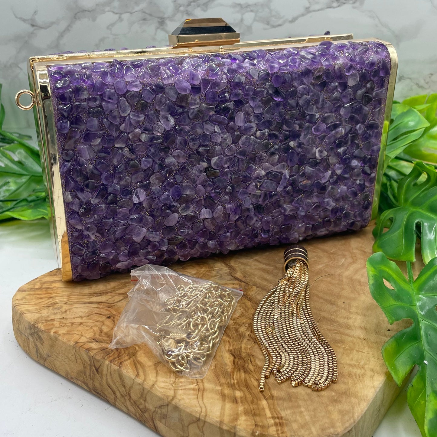 Amethyst Gold Plated Clutch with Gold Strap