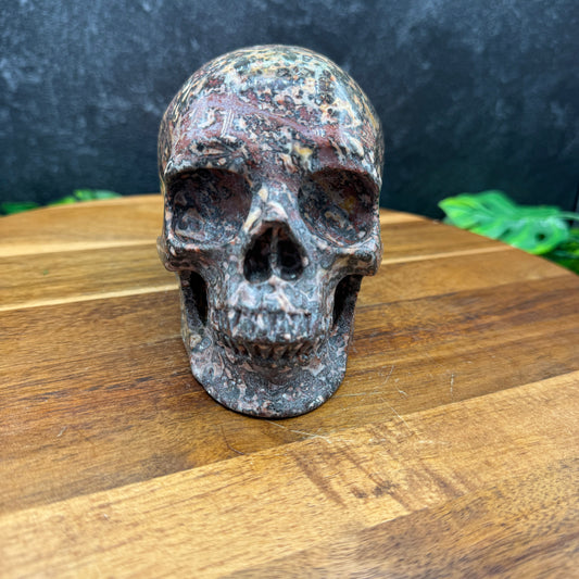 Red leopard skin jasper skull carving showing spotted orbicular rosette patterns