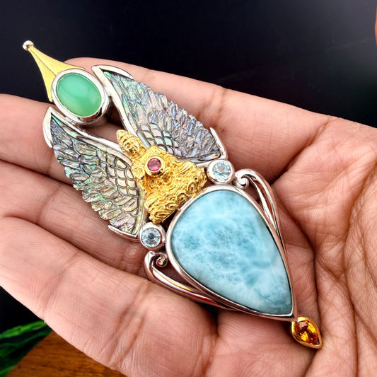 Gotland Mother of Pearl Wing Pendant with Diamond, Larimar & Aquamarine in 925 Sterling Silver and Gold