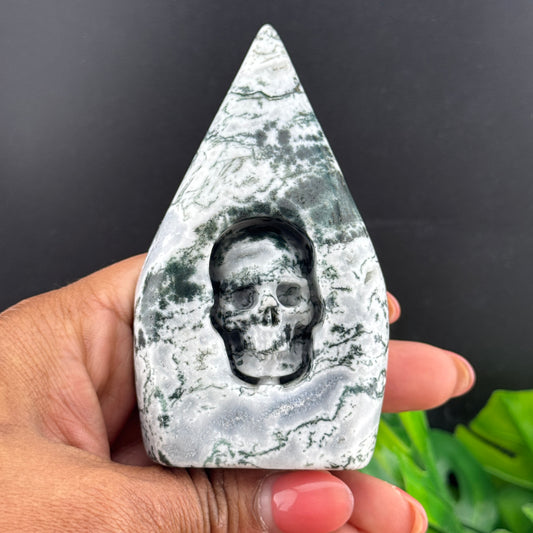 Moss Agate Skull in Flame