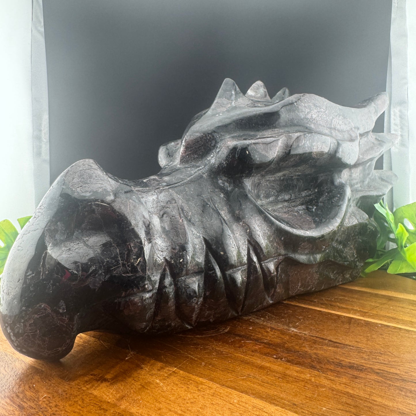 XL 12 inch Garnet in Arfvedsonite Dragon Carving